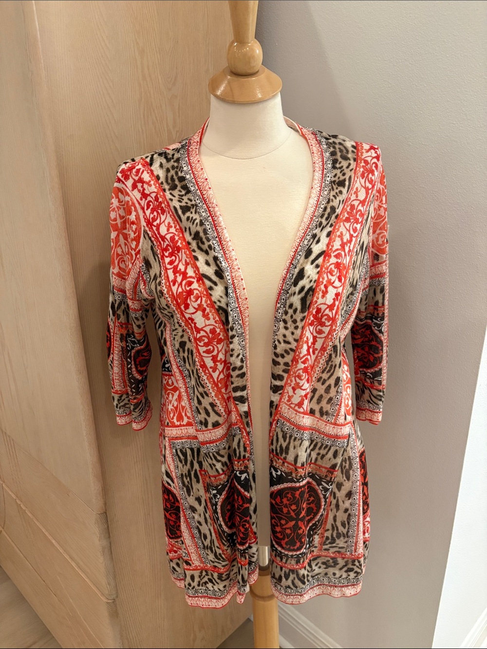 Chico's Red and Cream Patterned Swim Cover-Up Cardigan